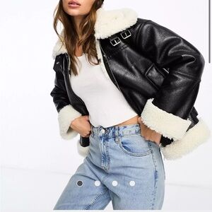 Stradivarius oversized aviator jacket with contrast collar in black